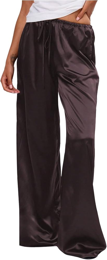 MakeMeChic Women's Satin Silk Wide Leg Pants Low Waist Baggy Pants Lounge Bottoms | Amazon (US)