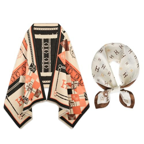 EXTREE Scarfs for Women Pashmina Silky Shawl Wrap for Evening Dressing Blanket Open Front Poncho Cape with Satin Scarf Mulberry Silk Printed Head Wrap Hair Band 27.5 * 27.5 | Amazon (US)