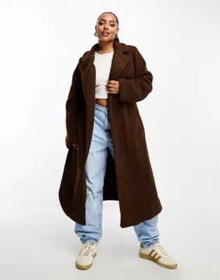 In The Style Plus exclusive borg longline belted coat in chocolate | ASOS (Global)