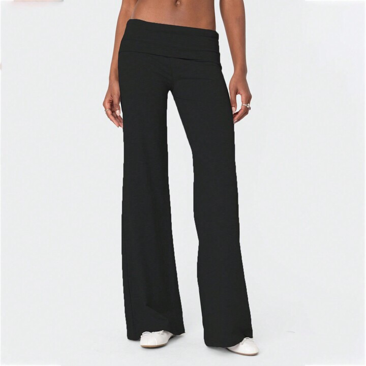 Fold Over Yoga Pants For Women Elastic Waist Low Rise Straight Leg Sweatpants Y2k Solid Color Str... | SHEIN