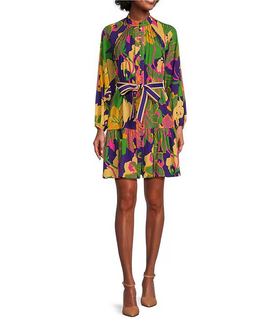 Brynn Funky Floral Print Long Sleeve Tiered Hem A-Line Dress | Dillard's