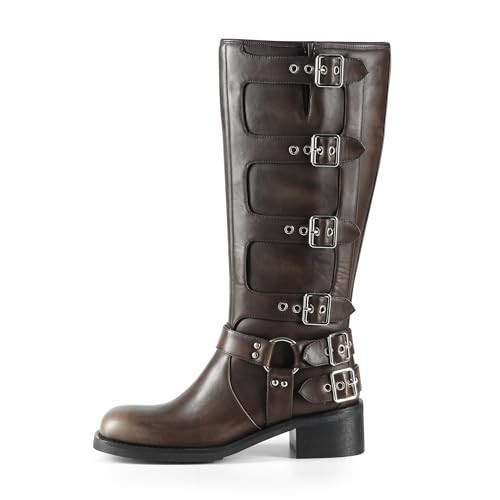 iiimmu Tall Boots for Women Square Toe, Chunky Heel PU Leather Boots with Buckle, Bronze Distressed, Size 10 | Amazon (US)