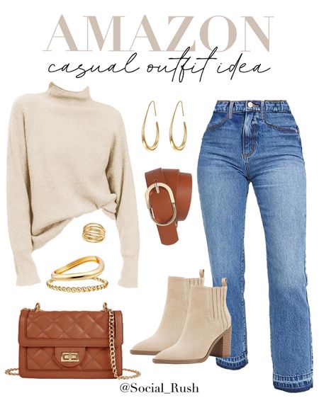 Amazon Casual Outfit Idea, Beige Sweater, Straight Leg Ankle Jeans, Chunky Heel Ankle Boots, Quilted Crossbody Bag, Leather Belt, Gold Dangle Earrings, Gold Bangle Bracelet, Gold Ring | Amazon Fashion, Amazon Style, Outfit Inspo, Casual Style, Fall Fashion, Fall Style | #AmazonFashion #OutfitIdea #Outfitinspo

#LTKfindsunder100 #LTKstyletip #LTKitbag
