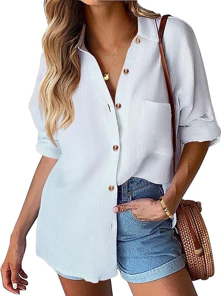 HOTOUCH Womens White Button Down Shirt Casual Long Sleeve Loose Fit Cotton Work Linen Blouse Tops... | Amazon (US)