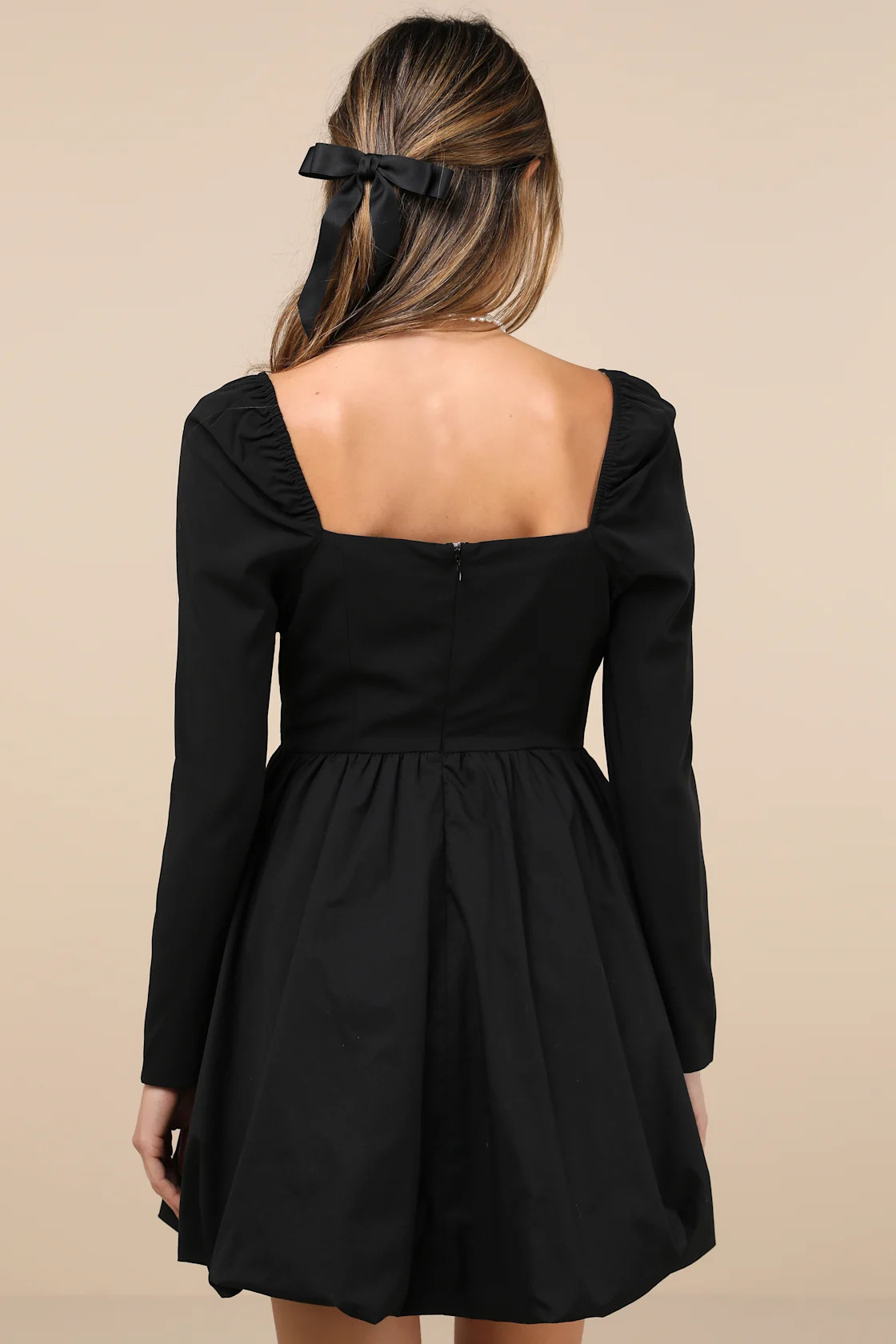 Darling Picture Black Bow Long Sleeve Bubble-Hem Mini Dress | Lulus