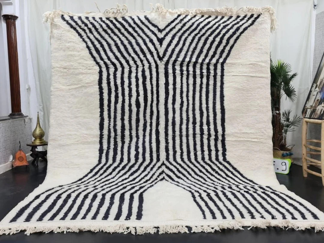 GORGEOUS BENIOURAIN CARPET, Moroccan Handmade Rug, White And Black Rug, Striped Rug, Handmade Woo... | Etsy (US)