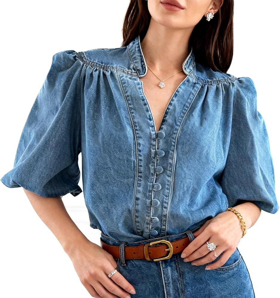 Women's Vintage Denim Shirt, V Neck 3/4 Lantern Sleeve Blouse, Casual Button Down Jean Top | Amazon (US)
