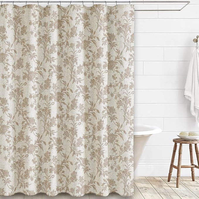 Beige Shower Curtain Floral Cotton Linen Cottagecore Shower Curtain for Bathroom 72" W x 72" L Bo... | Amazon (US)