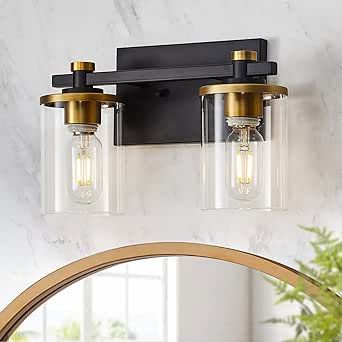 2 Light Bathroom Light Fixtures, Black and Gold Bathroom Vanity Light with Clear Glass Shade, Mat... | Amazon (US)