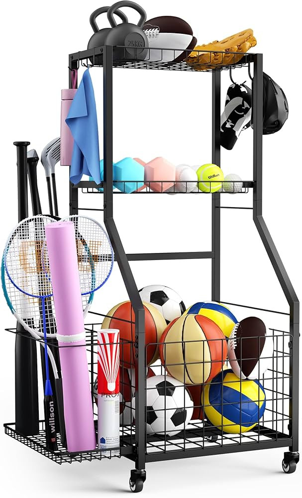 Sports Equipment Garage Organizer,Garage Ball Storage Rack for Sports with Wheels-Upgraded 3 Laye... | Amazon (US)