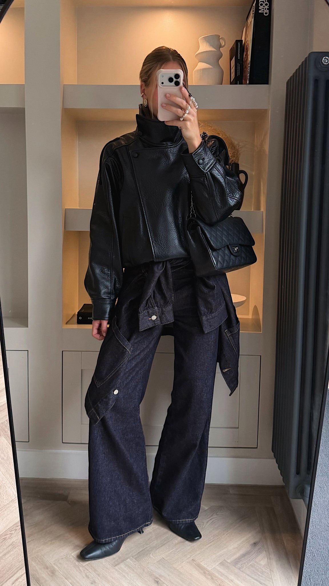 Double denim autumn outfit idea styling wide leg jeans in indigo dark denim from Glamorous with black leather ankle boots and that viral Zara bomber jacket 

#LTKuk #LTKautumn #LTKjeans
