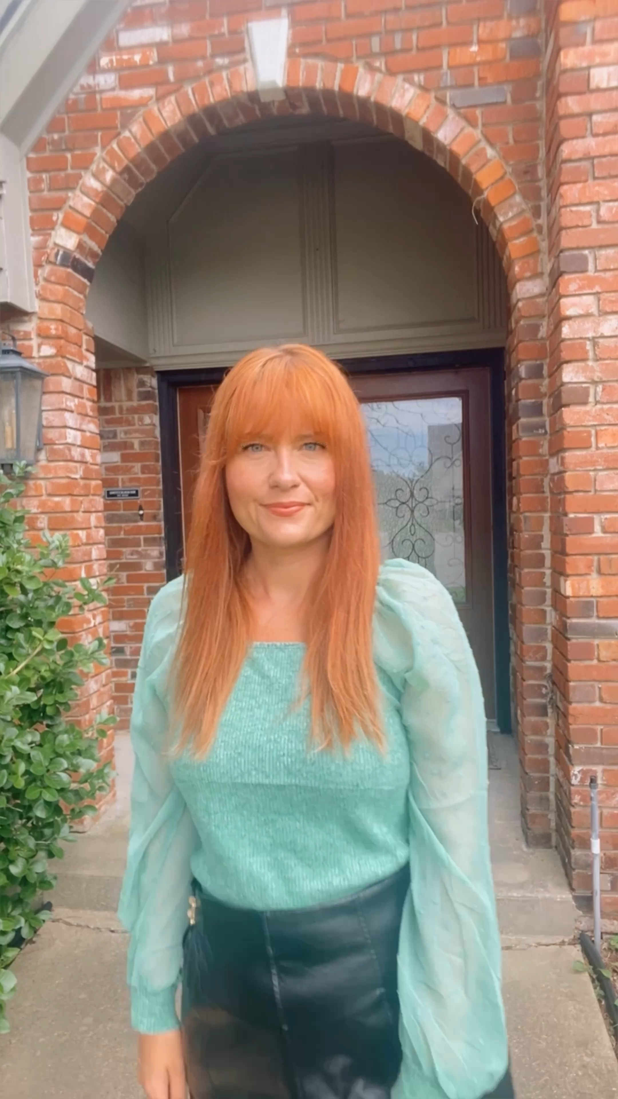 Green top with sheer sleeves 
Leather skirt
Amazon
Shein