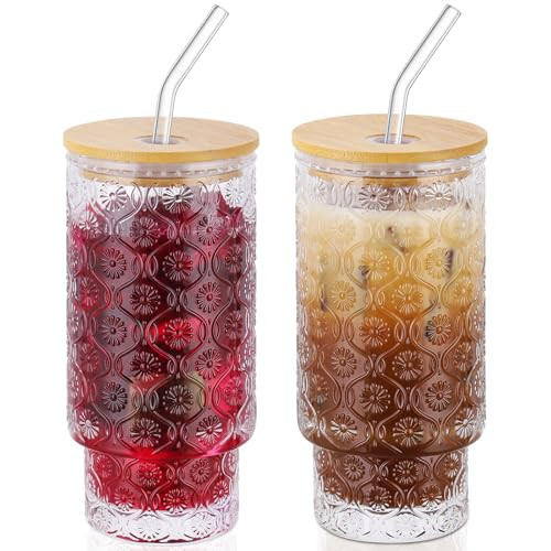 16 Oz Glass Cups Set of 2, Vintage Embossed Floral Glass Tumbler, Iced Coffee Cups with Lid, for Whiskey Cocktail Beer (2 PACK) | Amazon (US)