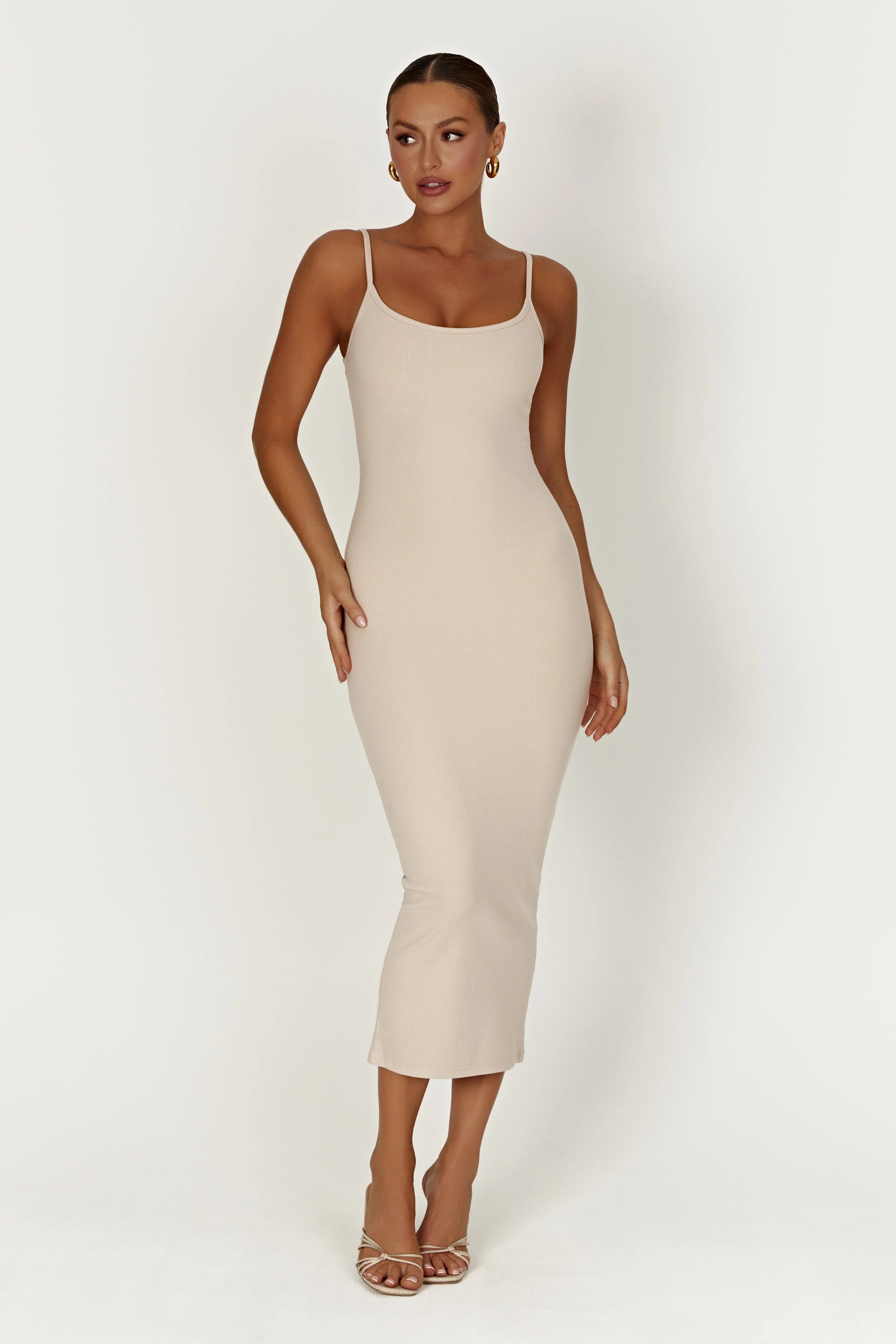 Alexis Ribbed Cami Midi Dress - Cream | MESHKI US