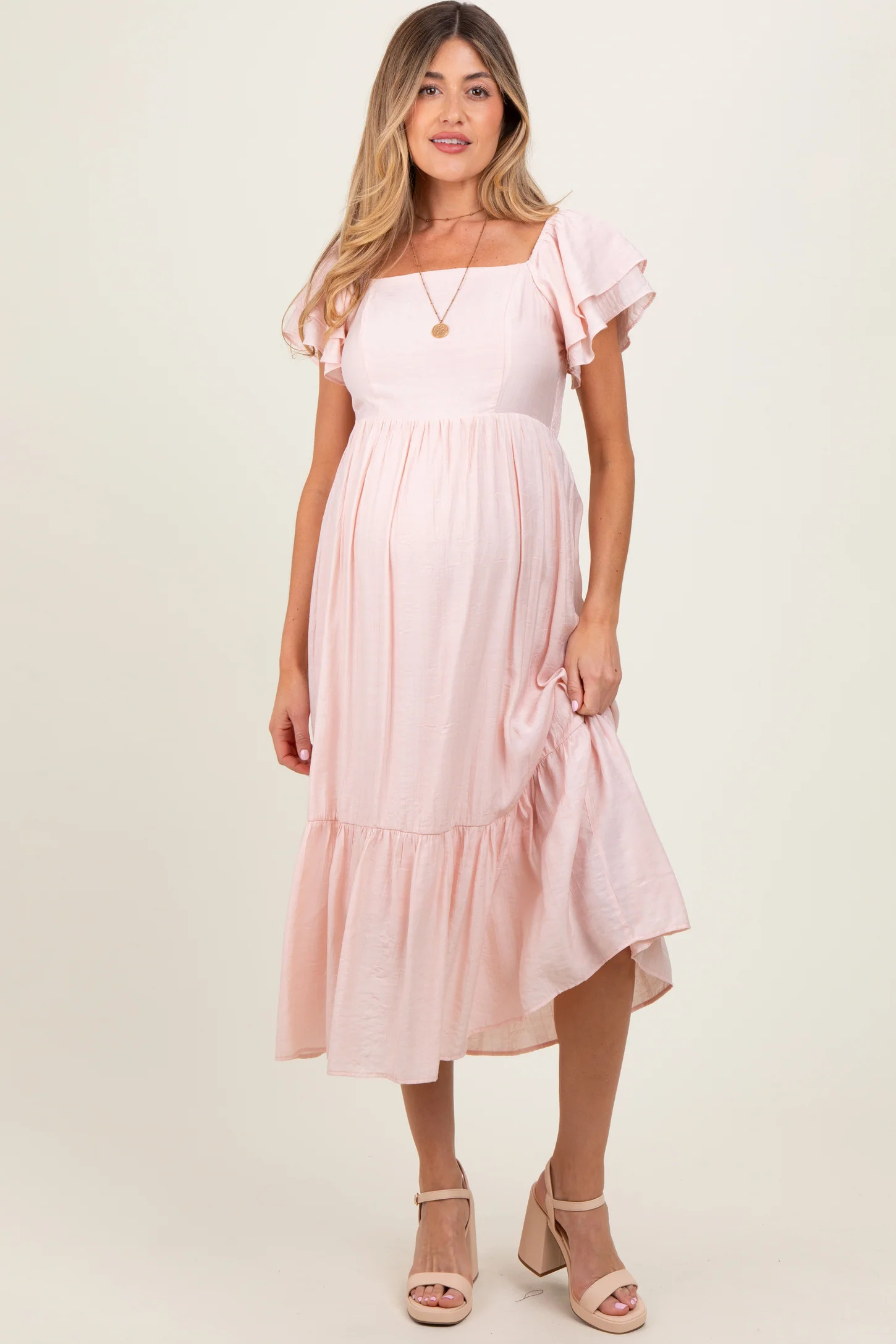 Light Pink Flutter Sleeve Maternity Midi Dress | PinkBlush Maternity