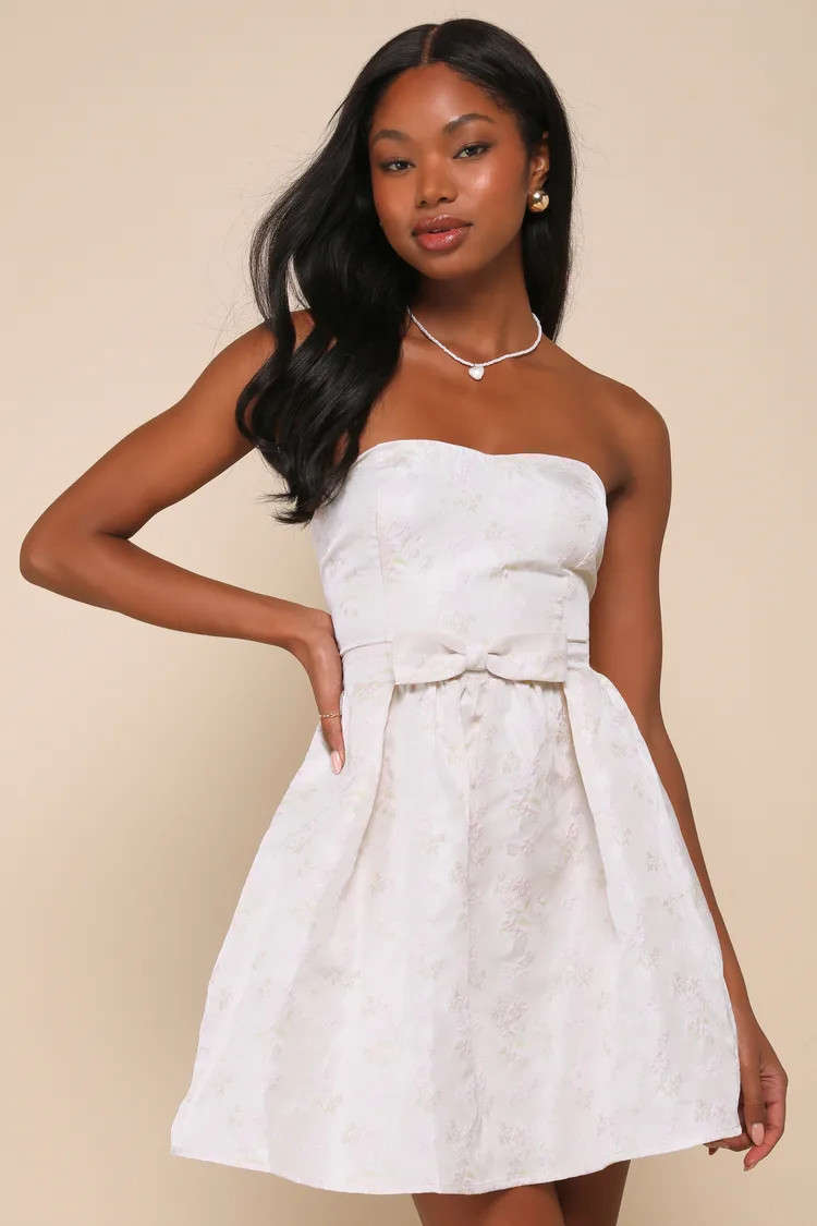 Blissfully Adoring Ivory Floral Jacquard Strapless Mini Dress | Lulus