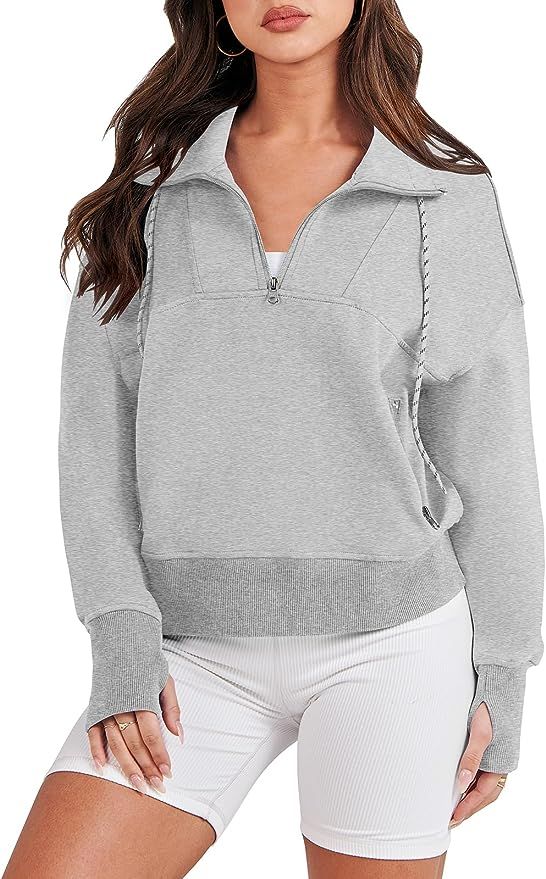 Caracilia Womens Half Zip Loose Sweatshirt Quarter Zip Trendy Long Sleeve Cropped Pullover Tops w... | Amazon (US)