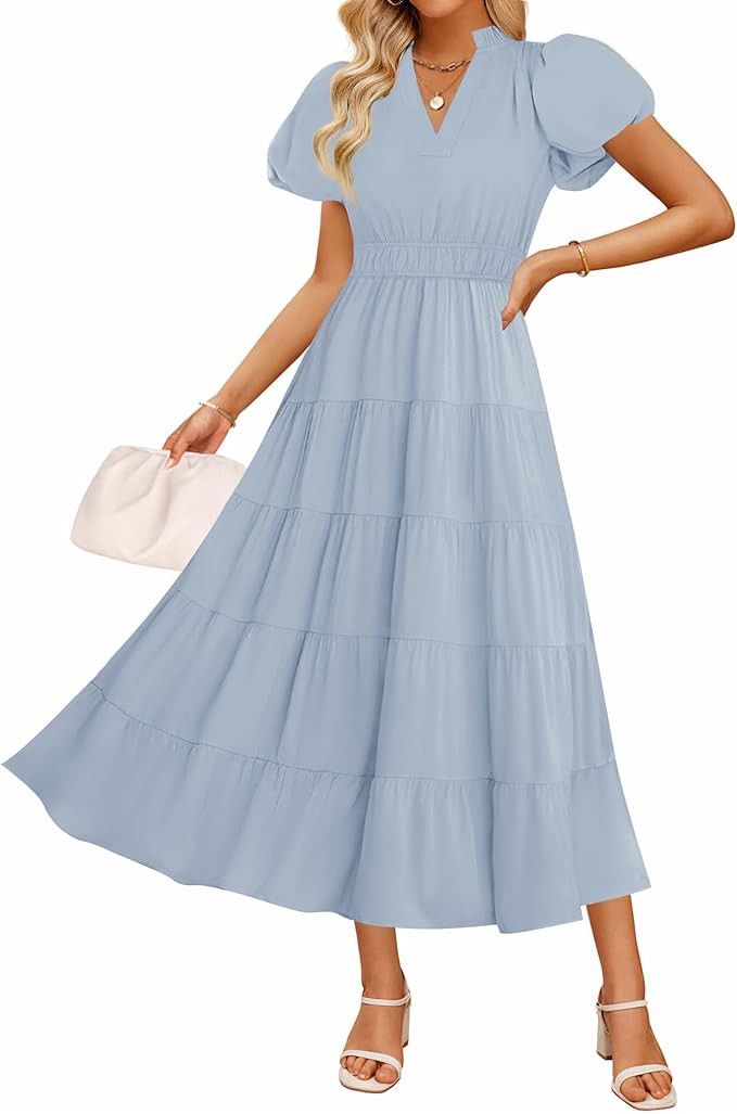 ZESICA Women's Summer Casual Maxi Dress 2026 Puff Short Sleeve V Neck Ruffle Tiered Flowy Boho Be... | Amazon (US)