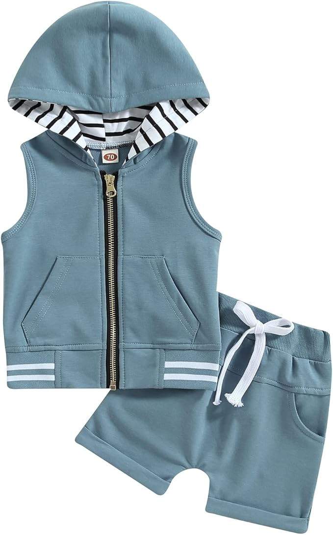 Toddler Baby Boy Clothes Set Sleeveless Zipper Hooded Tank Tops Solid Color Drawstring Shorts Set... | Amazon (US)