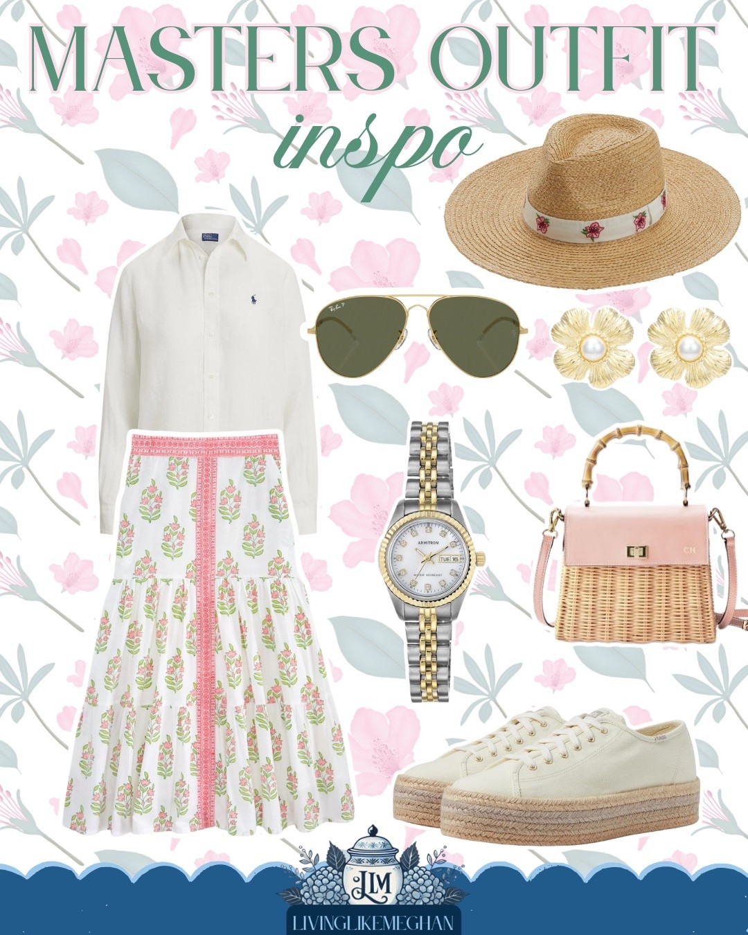 A feminine Masters-week outfit with a soft spring palette. 🌸⛳
The floral skirt paired with a crisp white button-down, straw hat, and woven handbag feels polished but still relaxed for walking the course or watching the tournament.

Tap to explore the pieces in this outfit!

masters outfit women • golf tournament spectator style • floral midi skirt outfit • preppy spring outfit inspiration • straw hat spring outfit • wicker handbag outfit • classic feminine outfit • golf spectator fashion • block print • polo Ralph Lauren 

#LTKSaleAlert #LTKootd #LTKSeasonal