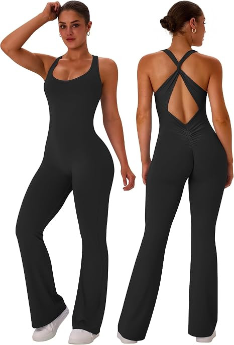 TDIFFUN Flare Workout Jumpsuits for Women One Piece Sleeveless Scrunch Butt Lifting Gym Bodysuit ... | Amazon (US)
