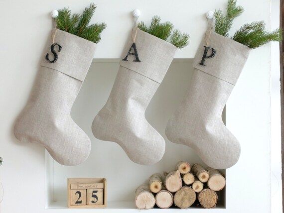 Natural Linen Christmas Stocking Personalized Minimalist - Etsy | Etsy (US)