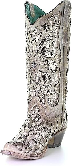Corral Women's Oxford Inlay Embroidery Crystals & Studs Cowgirl Boots - White - WHITE - 9 - M | Amazon (US)