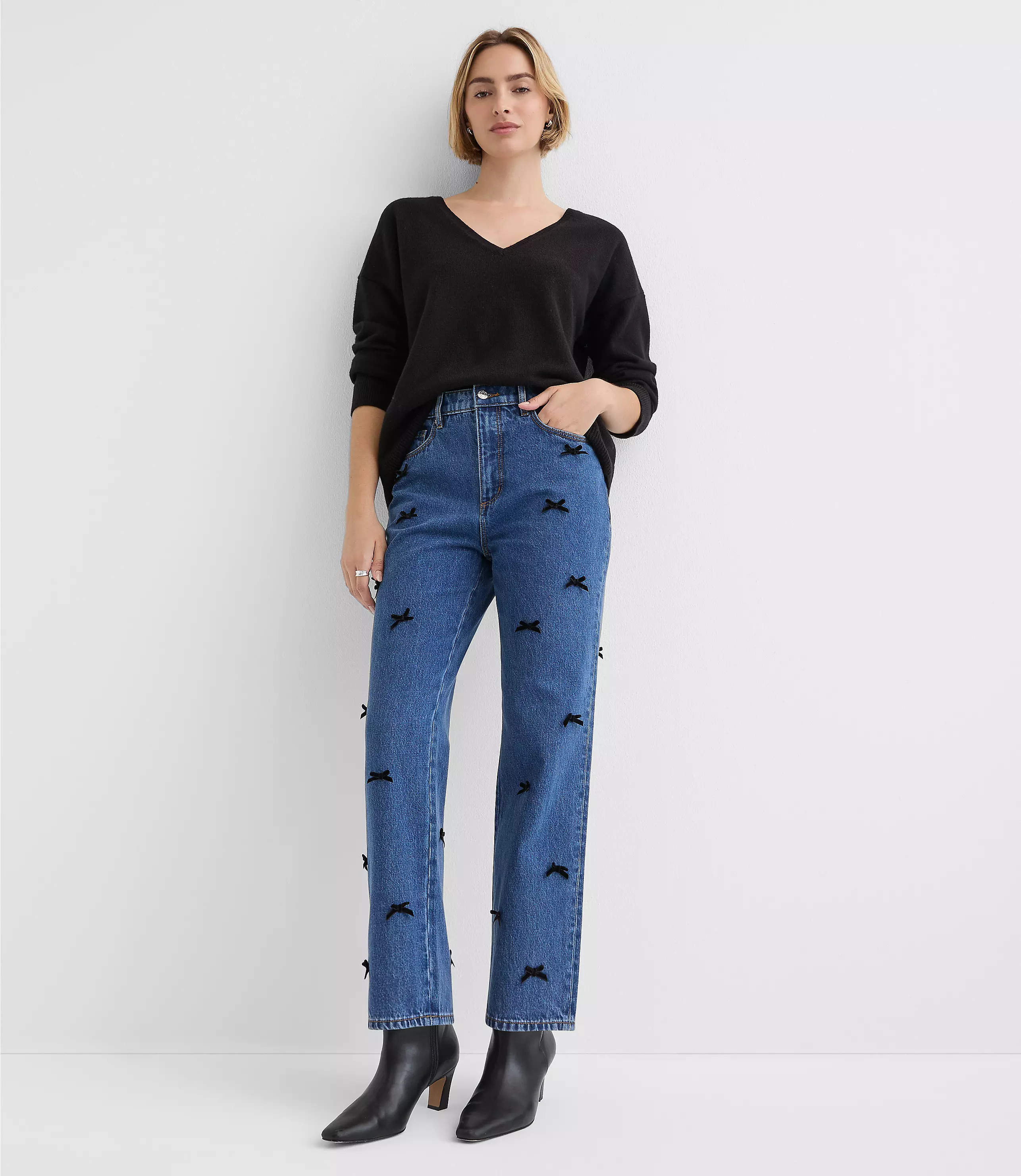 Velvet Bow High Rise Straight Jeans in Bright Mid Indigo Wash | LOFT