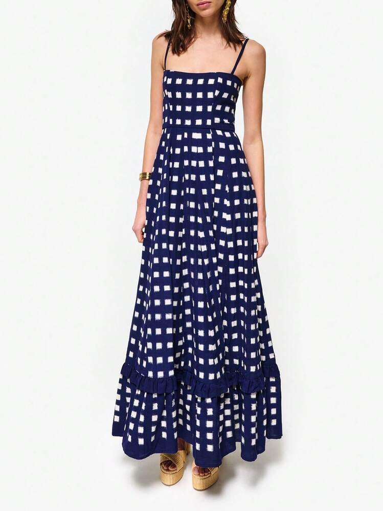 Women's Long Beach Dress Sleeveless Spaghetti Strap Checkerboard Print Flowy Dress Midi Slip Dress | SHEIN