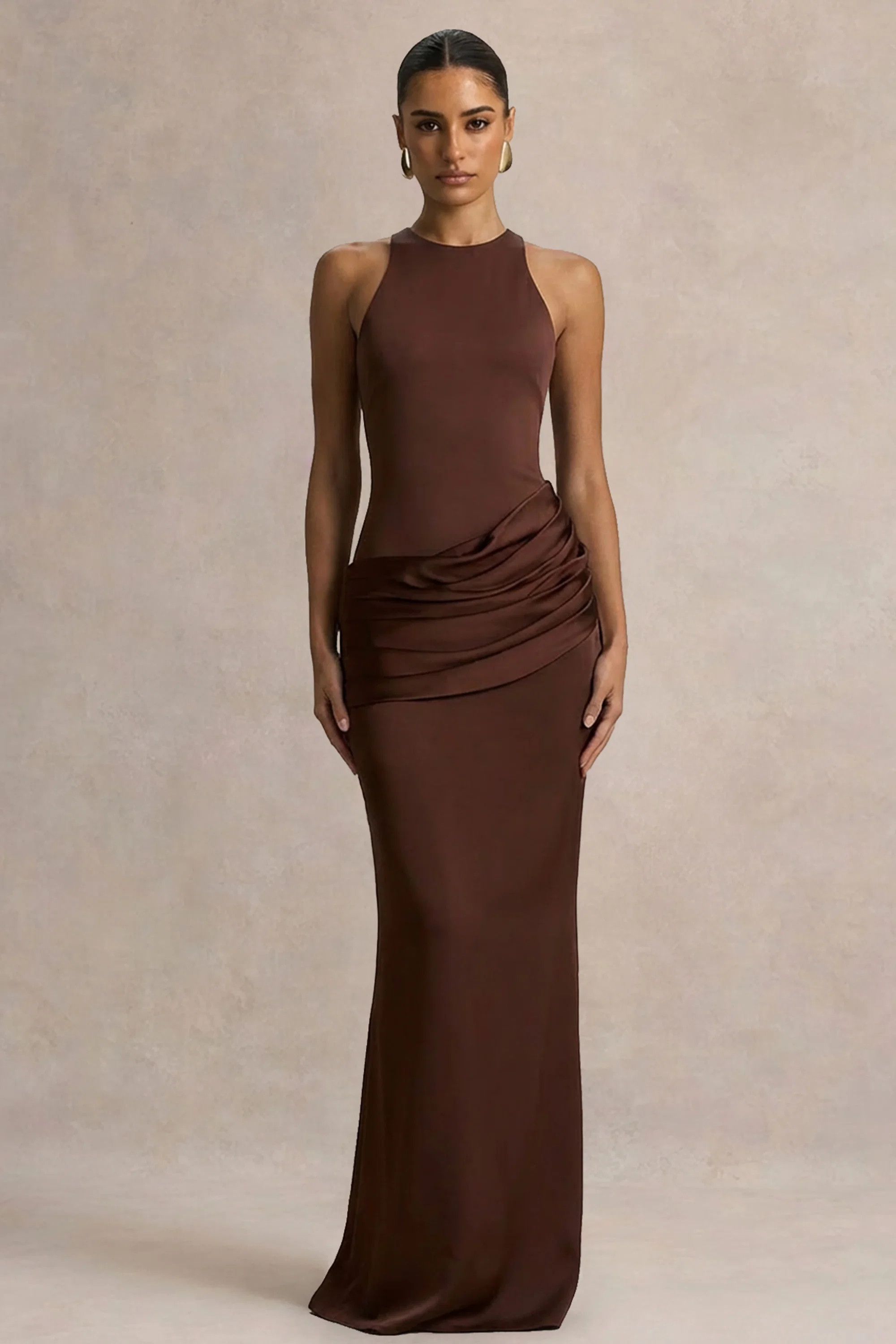 Akari | Brown Crew-Neck Maxi Dress With Satin Skirt | Club L London