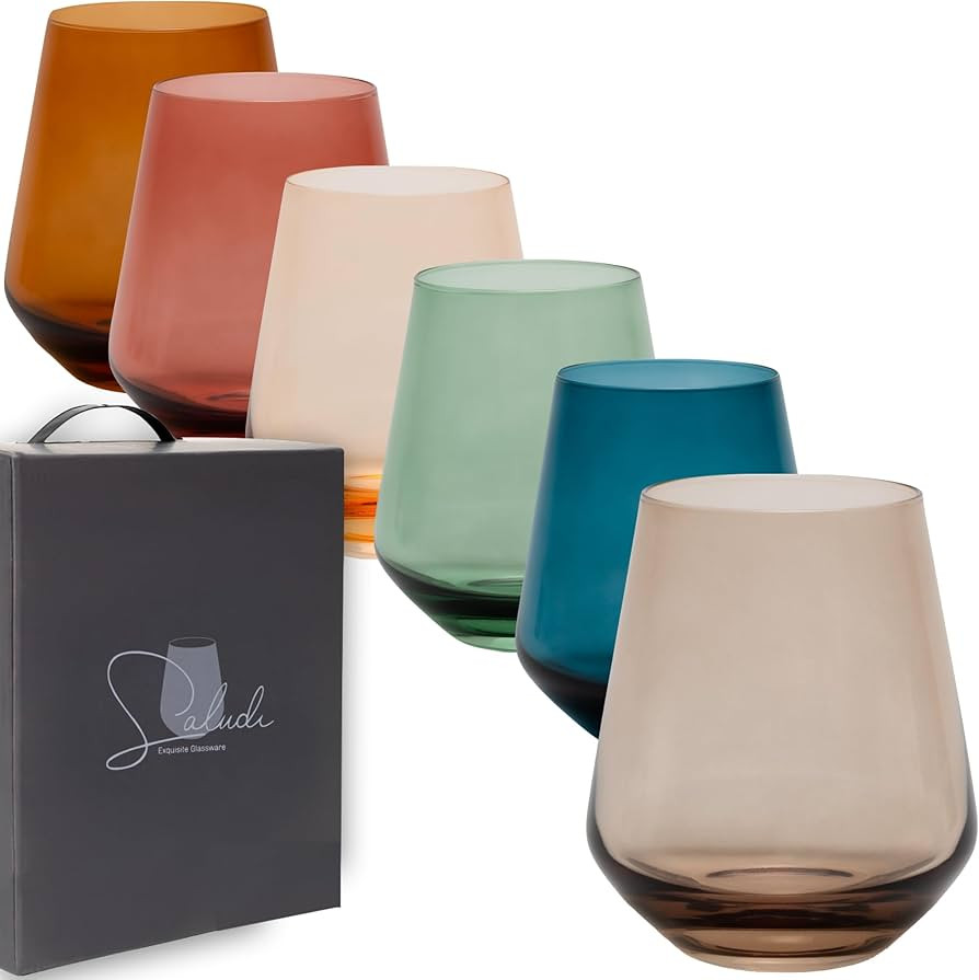Saludi Colored Stemless Glasses, 16.5oz (Set of 6) Stemless Multi-Color Wine and Water Glass - Gr... | Amazon (US)