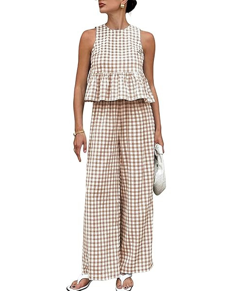 Tanming Women's 2 Piece Set Outfits Gingham Plaid Tank Tops Wide Leg Pants Matching Lounge Sets | Amazon (US)