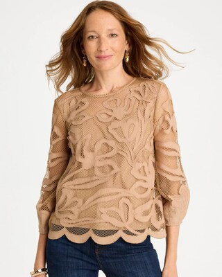 Women's Floral-Motif Mesh 3/4 Sleeve Top in Cattail Brown | Chico's | Chico's