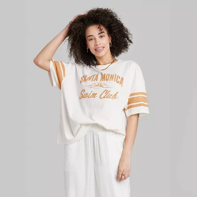 Women's Ascot + Hart Santa Monica Short Sleeve Oversized Graphic T-Shirt - White | Target