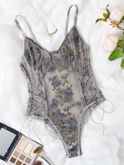 Butterfly Embroidered Mesh Teddy Bodysuit | SHEIN