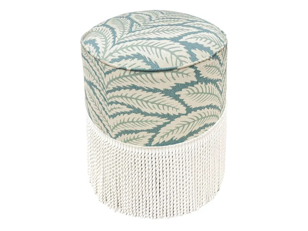 Brunschwig + Fils Talavera Linen // Aqua + Bullion Fringe Tight Round Ottoman | Floral | round st... | Etsy (US)