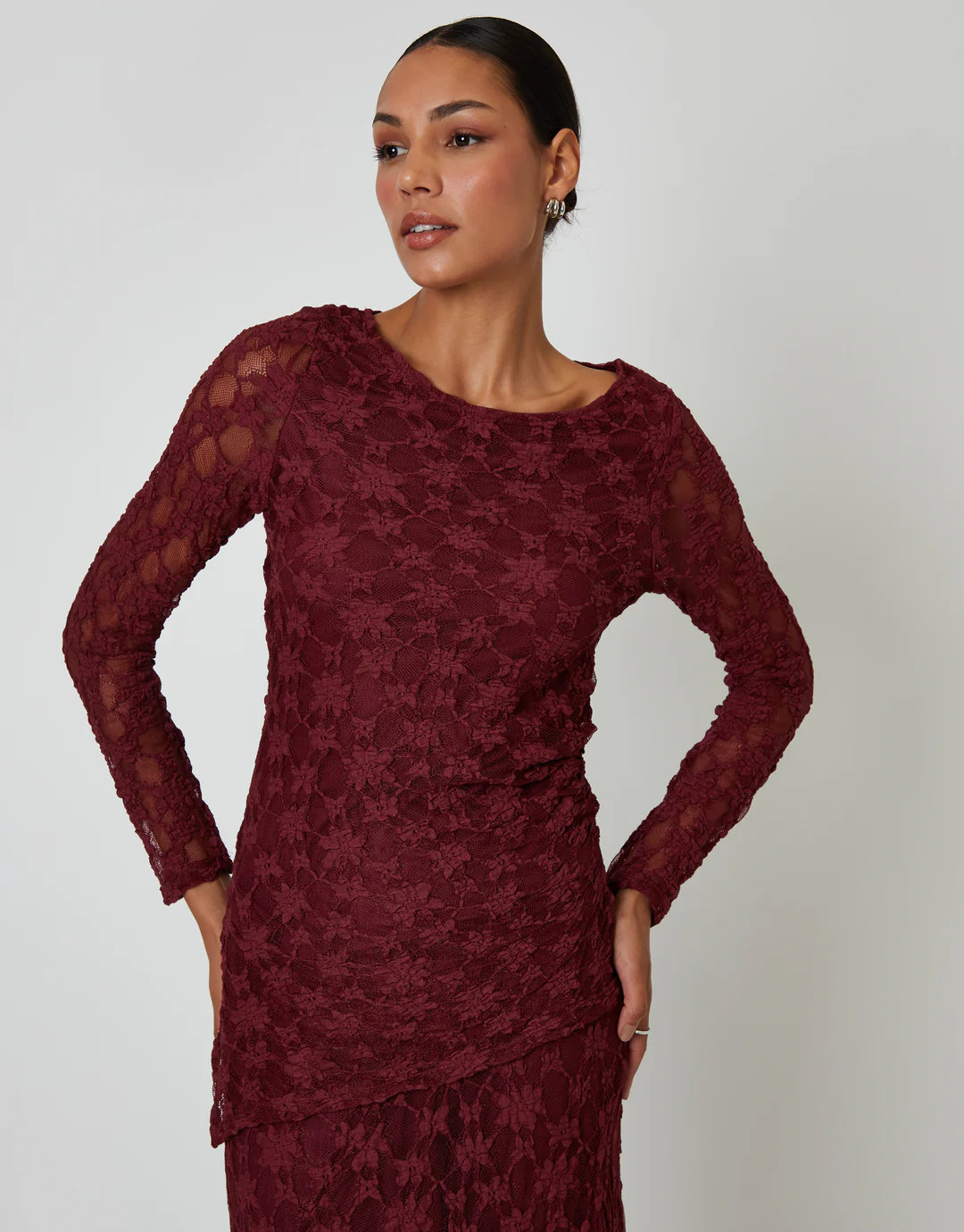 Berry Red Long Sleeve Asymmetric Lace Slash Neck Top | Threadbare