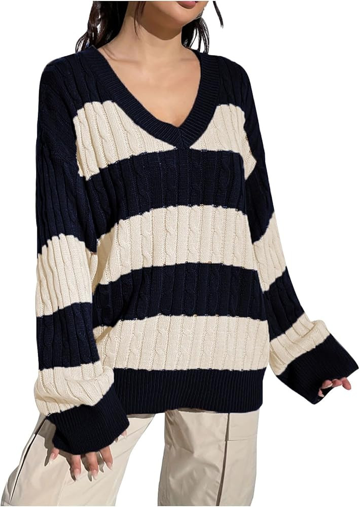 Women Y2K Striped Sweater Vintage Aesthetic Preppy Sweaters V Neck Knit Pullovers Long Sleeve Ove... | Amazon (US)