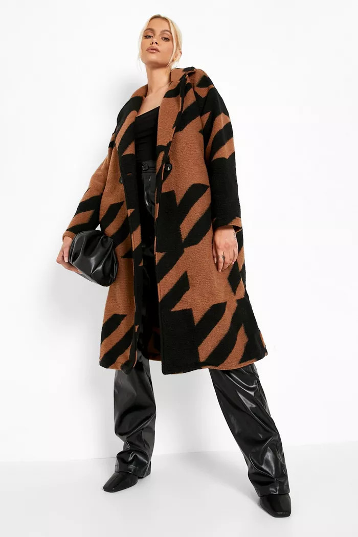 Oversized Dogtooth Wool Look Coat | boohoo (US & Canada)