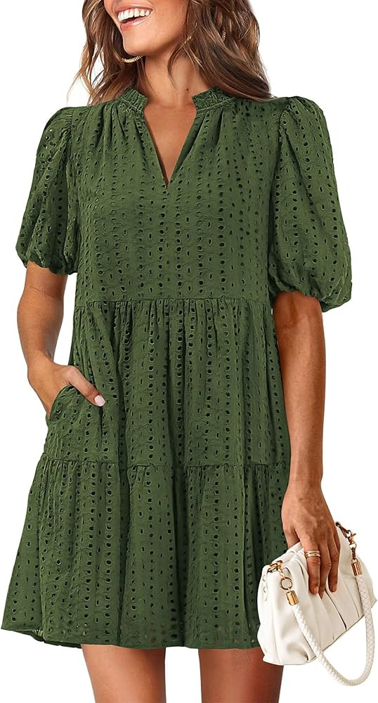 KIRUNDO Eyelet Summer Dresses for Women 2025 Mini Casual Hollow Out Short Sleeve Lace Tiered V Ne... | Amazon (US)