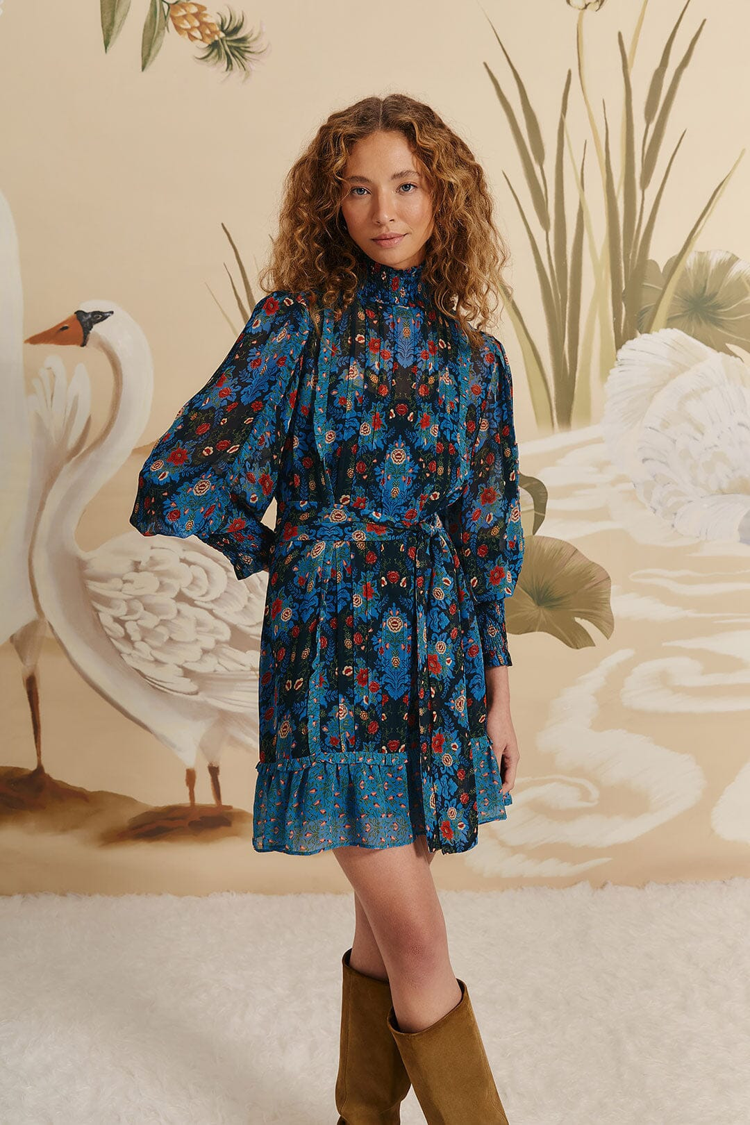 Blue Arabesque Floral High Neck Mini Dress, ARABESQUE FLORAL BLUE / M | FarmRio (US)