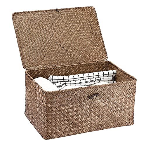 Hipiwe Wicker Shelf Baskets Bin with Lid, Handwoven Seagrass Basket Storage Bins Rectangular Hous... | Amazon (US)