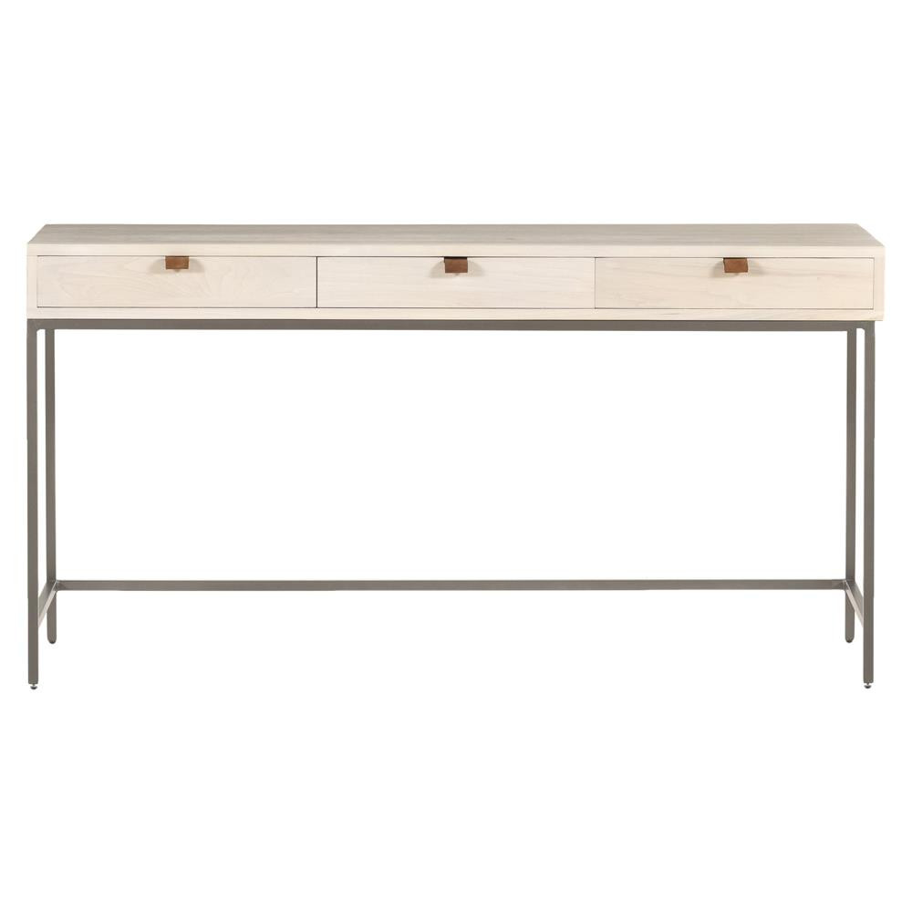 Theodore Industrial Loft Dove White Wood Grey Iron Base 3 Drawer Writing Desk | Kathy Kuo Home