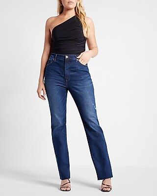 Super High Waisted Dark Wash Raw Hem Modern Straight Jeans | Express