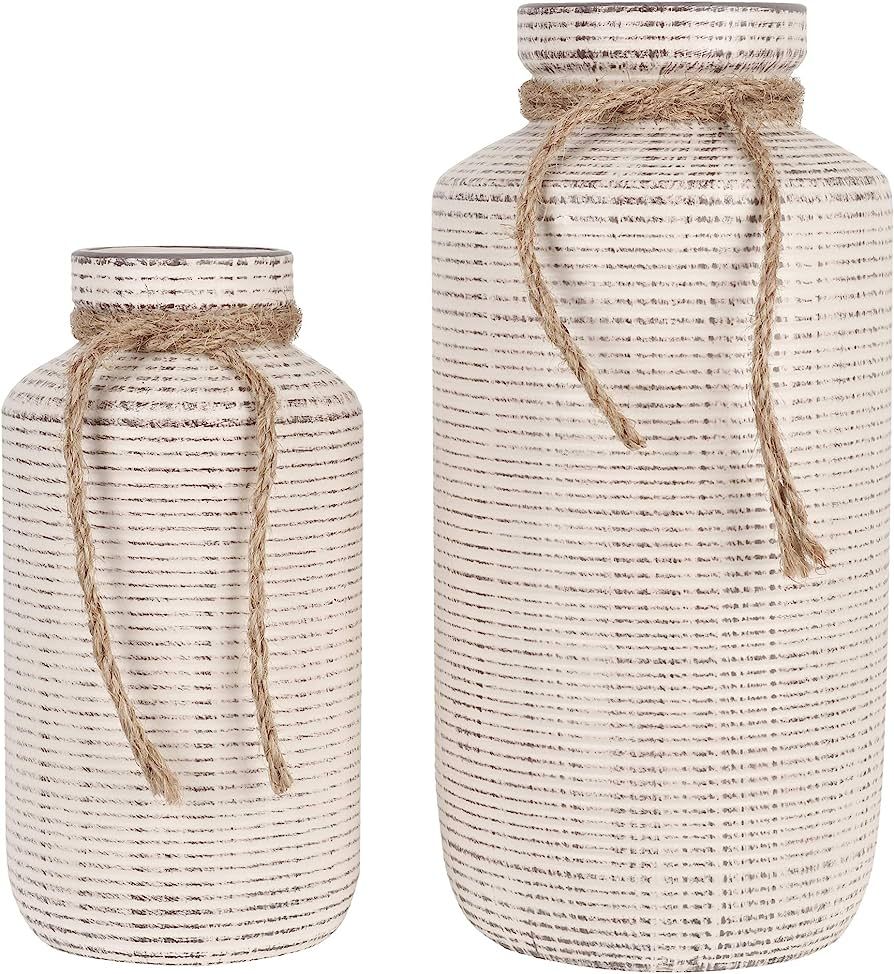 TERESA'S COLLECTIONS Beige Ceramic Vase Set of 2, 9.7in, Rustic Decorative Vases for Table Center... | Amazon (US)