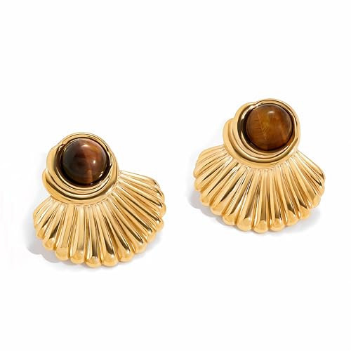 Tiger Eye Earrings for Women, 18K Gold Plated Chunky Statement Earrings, Vintage Fan - Shaped Fashion Jewelry | Amazon (US)