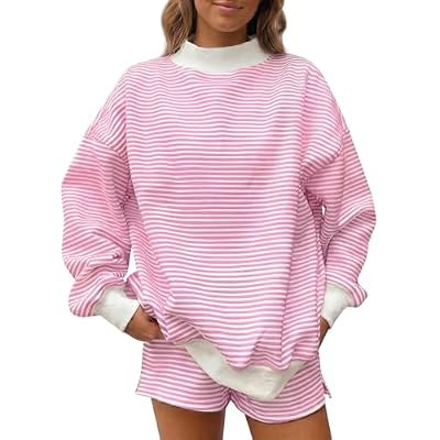 Fisoew Womens Striped 2 Piece Outfits Lounge Sets Mock Neck Oversized Long… | Amazon (US)