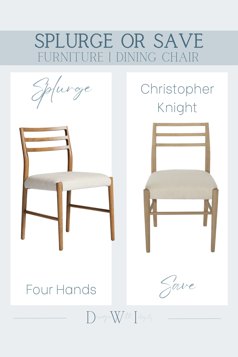 Splurge vs. Save: Two modern ladder-back dining chairs with warm wood tones and neutral upholstered seats. Compare the designer Four Hands chair with this affordable Christopher Knight alternative. Tap to explore both options.


dining chair, ladder back chair, Four Hands dupe, Christopher Knight chair, wood dining chair, neutral home decor, splurge vs save, dining room furniture, modern dining room, look for less furniture 

 #LTKHome