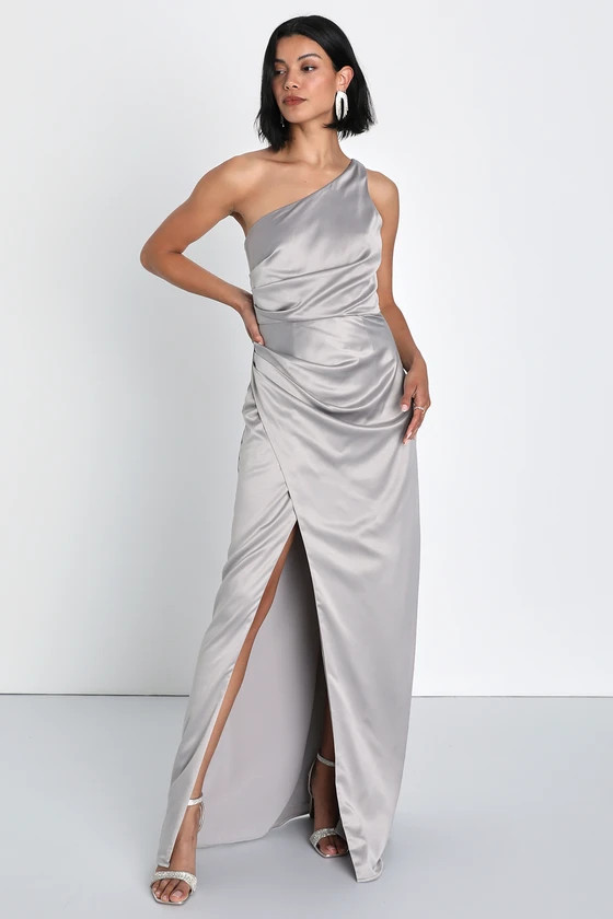 Dreaming of Elegance Grey Satin One-Shoulder Maxi Dress | Lulus (US)