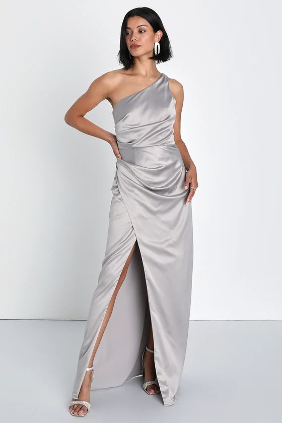 Dreaming of Elegance Grey Satin One-Shoulder Maxi Dress | Lulus (US)